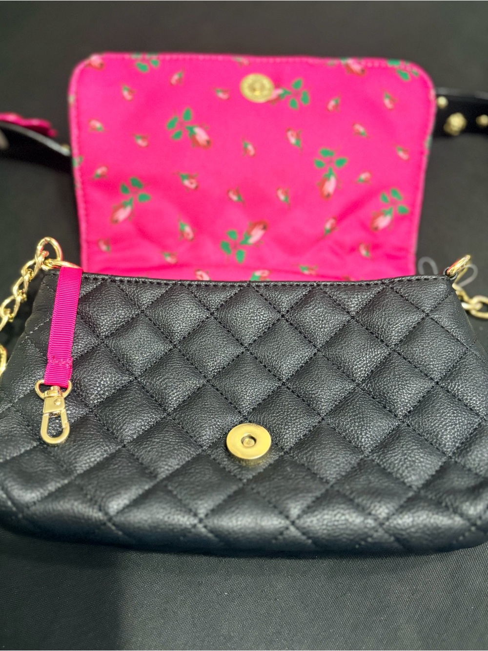 Betsey Johnson Black Quilted Bow Crossbody Bag with Pink Accent So Cute New - Picture 5 of 14